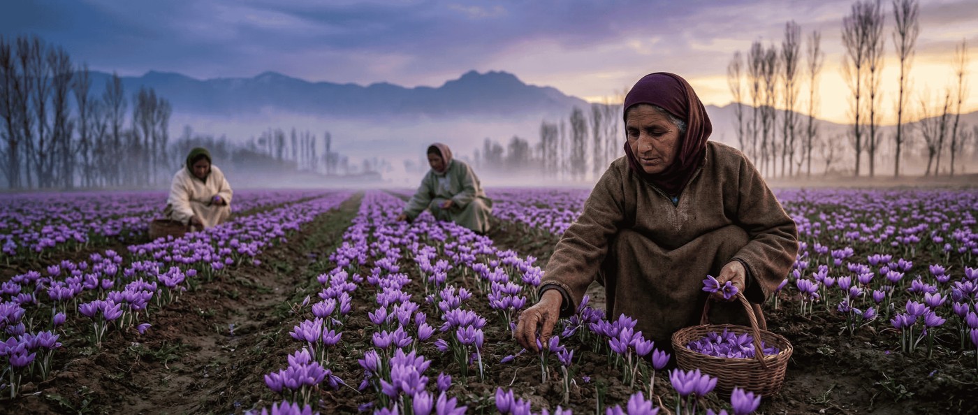 Kashmiri farmers hand-picking Crocus sativus flowers in Pampore saffron fields at dawn