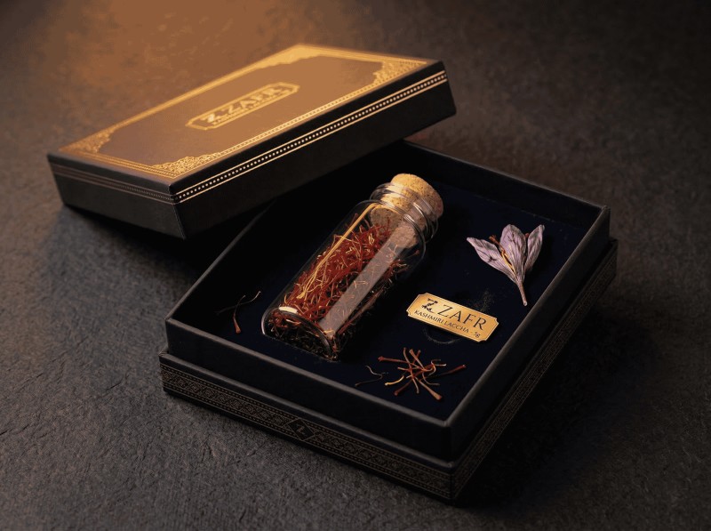 ZAFR 5g Kashmiri Laccha Saffron Connoisseur Gift Pack — luxury black box with gold foil and glass vials